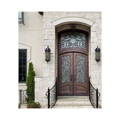 China Decoration arched wrought iron upper french front double doors with exterior transom iron entry doors for sale