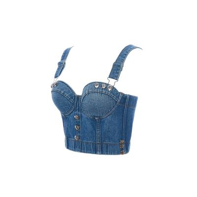 China New Fashion Design Women's High Quality Antibacterial Front Button Denim Crop Tops Bustier for sale