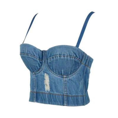 China Antibacterial young ladies sexy blue plus size off the shoulder jeans style top ties crop top denim tube corset bra women for sale