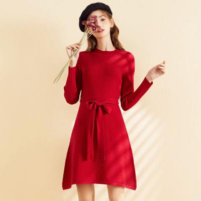 China Anti-wrinkle new arrivals red color women long sleeve knitted slim bodycon sweater casual dress for sale