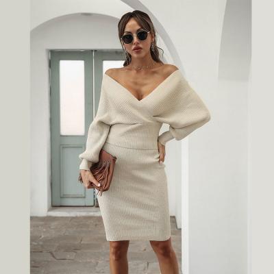 China Anti-wrinkle European and American hot sales stylish fall sexy bat-sleeve the shoulder dress sweater with back nude woolen dresses for women for sale