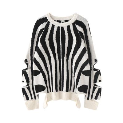 China 2021 winters zebra stripe crop fuzzy jacquard Anti-wrinkle OEM fashion knit sweater casual shaggy top women oversized sweater tops for sale