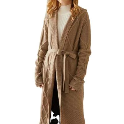 China Anti-wrinkle Thick OEM Knit Long Hoodie Sweater Coat Women No Button Cover Knee Length Cashmere Wrap Cable Coat Knitting Cardigan With Belt for sale