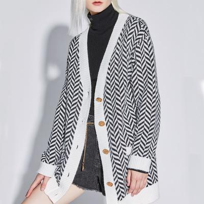 China 2021 OEM&ODM Anti-wrinkle custom ladies love long cardigan sweater design black and white striped pattern plus size knit cardigan for ladies for sale