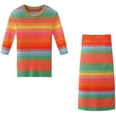 China 2022 New Anti-wrinkle sweater thin striped rainbow knitting long skirt suits oem sweater sueter mujer long sleeve skirt suit ladies for sale