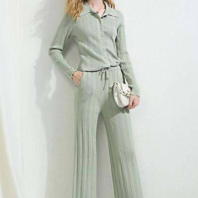 China Anti-wrinkle OEM fashion brands clothing set custom stylish knitted spring autumn premium suit for young lady sweater sueter two piece mujer for sale