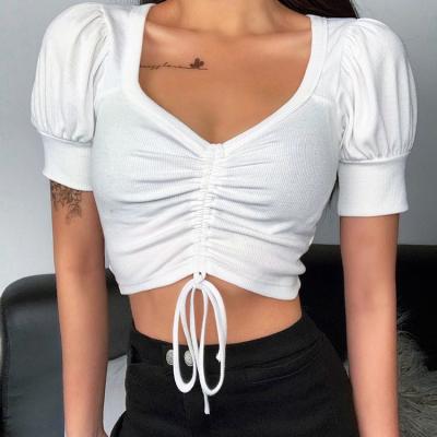 China Anti-wrinkle 2021 new arrivals summer women's fashion drawstring design knitted slim sexy bubble sleeve T-shirt crop top for sale