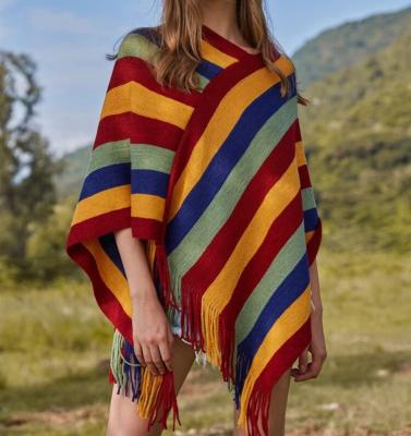 China Stripe Poncho Sweater Patterns Crochet V-Neck Rainbow Cashmere Poncho Knitted Anti-Wrinkle OEM Sweater Women Winter Ladies for Women Sweater for sale