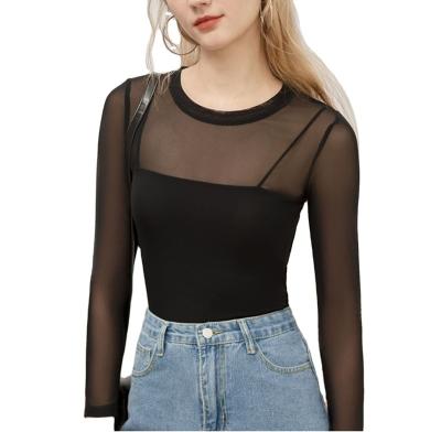 China QUICK DRY Quality mesh see-through women's black top bottoming shirt with slim fit sexy INS Europe and America can be customized printing for sale