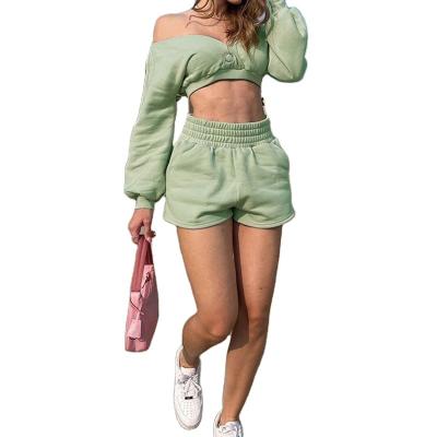 China Waterproof Customized 380G solid color autumn/winter hot women's crop, V-neck, off-shoulder long sleeve hoodie sports shorts two-piece suit for sale