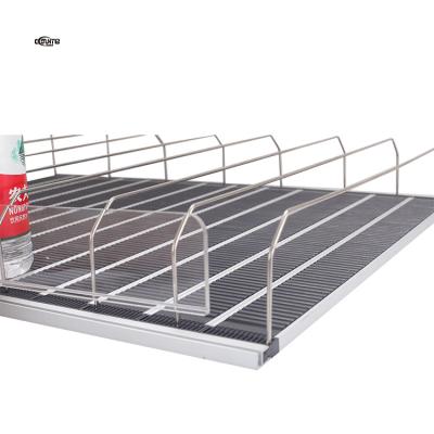 China Supermarket System Adjustable Retail Bottle Roller Shelf Gravity Fed Lifter With 45 Degree Steel Wire Customized Size for sale