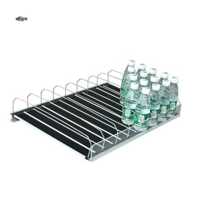 China Supermarket Display Stands Bottled Drinks Canned Beverage Gravity Roller Shelf Pusher System Customized Size for sale