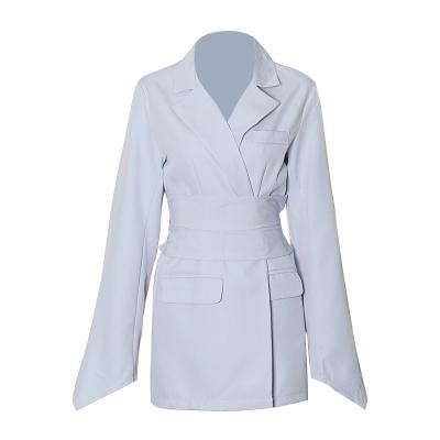 China Office Lady Light Blue Waterproof Blazer Coat Women Fashion Casual Turn Down Collar Full Sleeve Suit Outwear Jacket for sale