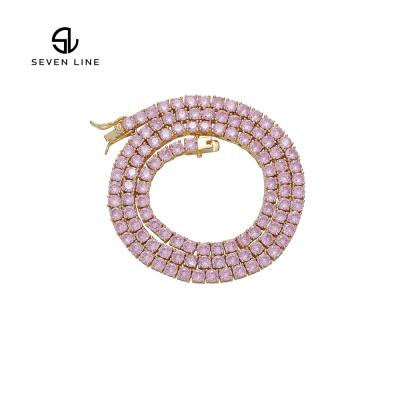 China Hiphop 4mm Pink Zirconium Tennis Chain Rose Gold With Simple Pink Zircon Row Chain Hip Hop Necklace for sale