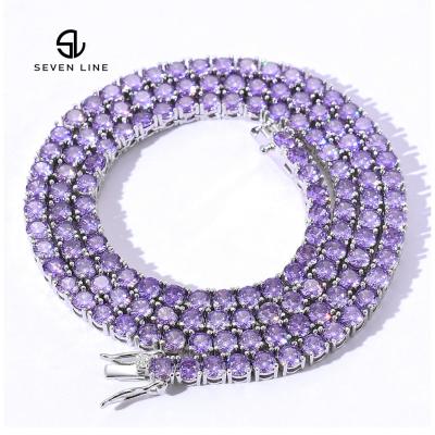 China New Hiphop fashion 4mm purple zircon one hop chain necklace row zircon tennis brass hip chain for sale