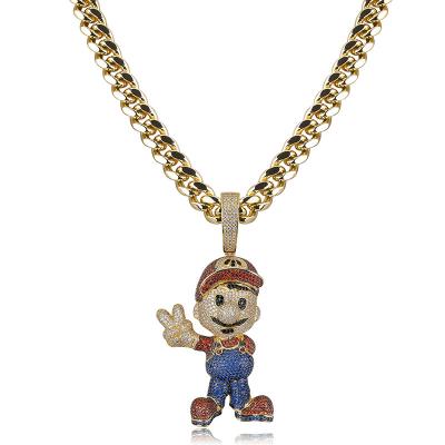 China 2021 Hiphop Hot Cartoon Character Mario Large Pendant Hip Hop Micro-inlaid Zircon Men's Necklace for sale