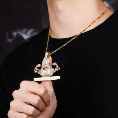 China Poeer $ Dollar Sign Money Bag Explosive Bag Hip Hop Silver Hip Hop Zircon Pendant Necklace Brass Wings Charm Necklaces for sale