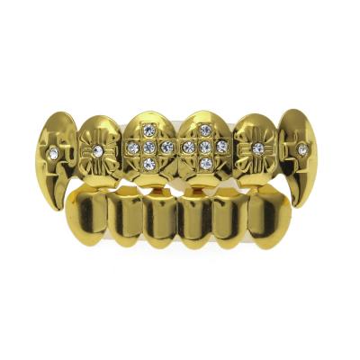 China Hip Hop 18k Real Gold Hip Hop Punk Teeth Grillz Set Gold Teeth Exaggerated Diamond Braces for sale