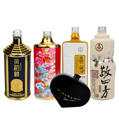 China Wholesale 500ml 50cl Shape Glass Applique Plated Empty Flat Cooking Oil Bottle Liquor Wine Storage For Olive Oil Glass Bottles for sale