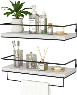 China Rustic Wall Mounted Storage Shelves With Black Metal Frame And Towel Rack For Bathroom for sale