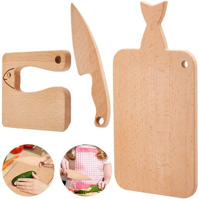 China Sustainable Kitchen Knife Set With Cluding Wooden Cute Fish Shape Kids Knife And Cutting Board for sale