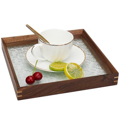 China Creative Embossed Home Wooden Storage Tray Serving Tray Black Walnut Fruit Dish Living Room Retro Glass Square Eco-friendly for sale