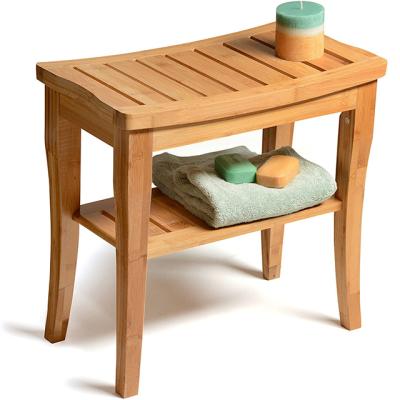 China Luxury Spa Bamboo Wooden Bath Bench Storage Shower Organizer Stool With Storage Shelf For Perfect Seating Chair for sale