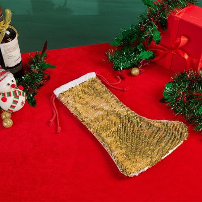 China Christmas Socks Santa Claus Stocking Shiny Flip Sequins Linen New Year Candy Holder Xmas Decor For Sublimation for sale