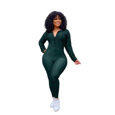 China Women Active Jumpsuit Casual Clothes Jumpsuit Collar Long Sleeve Jumpsuits Solid Skinny Joggers Turn Down Breathable One Piece for sale