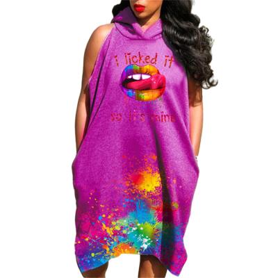 China 2021 plus size women lip anti-static tending apparel print sleeveless casual tie dye dresses loose hooded women for sale