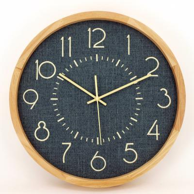 China 2018 Antique Style Quartz Round Fabric Cloth Face Modern Natural Wood Wall Clock Home Decoration for sale