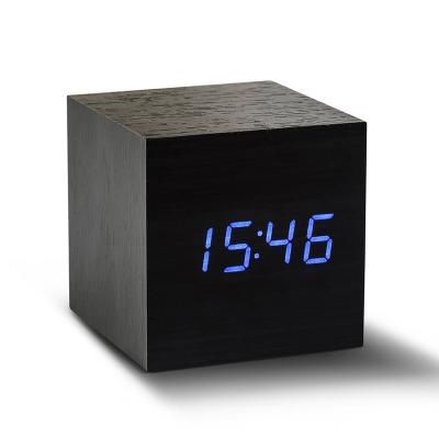 China Modern Modern Small Cube Wooden Alarm Clock Led With Temperature Year for sale