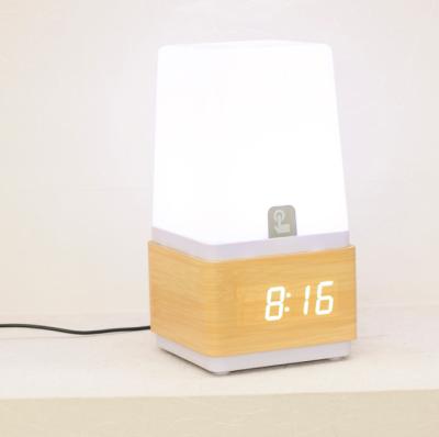 China 12 Hours Display USB Charging Wooden Digital Desk Smart Clock With Led Lamp Home Decoration for sale