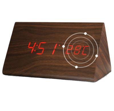 China Table Style USB Charging Antique Triangle Wooden Led Digital Alarm Clock With Thermometer for sale