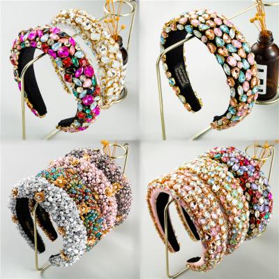 China Luxury Fancy Hairbands Baroque Jeweled Beads Diamond Crystal Rhinestone Wide Sponge Padded Crystal Hairband Fashion Designer For Women for sale