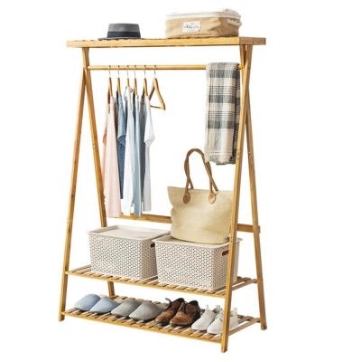 China Sustainable Bamboo Garment Coat Clothes Heavy Duty Hanging Rack with Top Shelf and Shoe 2-Tier Clothing Storage Organizer Shelves for sale