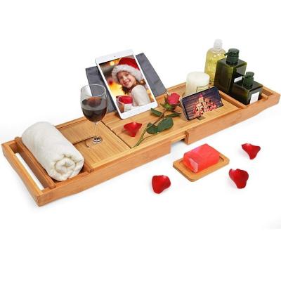 China Sustainable Luxury Bamboo Bathtub Tray Cart with Book and Wine Rack - One or Two Person Bath and Bed Tray with Extending Sides for sale