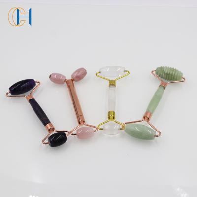 China 2021 Eco-Friendly Massager Crystal Face Jade Roller Guasha Double Rollers And Facial Aging Roller Amethyst Beauty Lifting Tool Set for sale