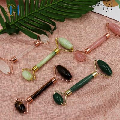 China Double Rollers and Double Head Eco-Friendly Welded Jade Roller Natural Crystal Face Roller Rose Quartz Facial Roller Face Massager for sale