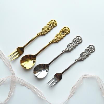 China Gold Flower Handle Teaspoons 304 Stainless Steel Tea Spoon Dessert Fork Set Viable Wholesale Teaspoon for sale