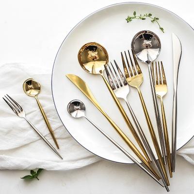 China Viable Bulk Hot Selling Gold 4 PCs Round Handle Knife Fork Spoon Metal Flatware 18/10 Stainless Steel Gold Flatware Set for sale