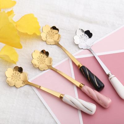 China Wholesale Viable Flower Gold Plant Stainless Steel Honey Coffee Tea Spoon With Ceramic Handle for sale