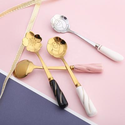 China Factory Handle Flower Stainless Steel Honey Coffee Spoons Gold Tea Spoon Ceramic Viable Wholesale for sale