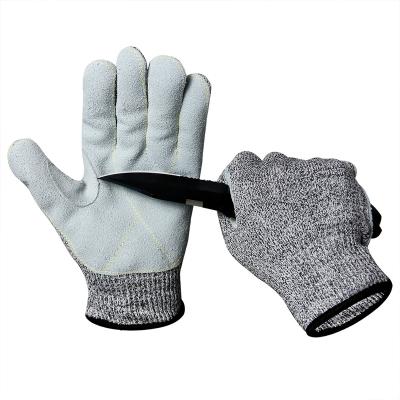 China Anti-Cut HPPE Level 5 Safety Working Cut Resistant Gloves With Cow Split Leather Palm Reinforced Thumb for sale