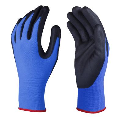 China Work/Safety Shangyu Best OEM Supplier Black Foam Nitrile Coated Blue Spandex Cored Safety Work Protective Gloves for sale