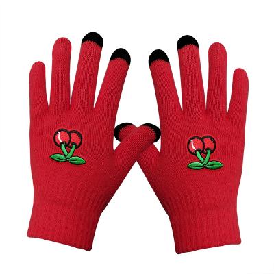 China Kids Fruit Cherry Embroidery Design Soft And Warm Acrylic Knit Magic Stretch Touch Screen Gloves for sale