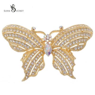 China Custom Animal Rhinestones Pin Brooch For Ladies Wholesale Elegant Gold Butterfly Butterfly for sale