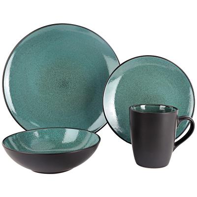 China Wholesale Sustainable Reactive Stoneware 16pcs Dark Green Dinnerware Ceramic Dinnerware Set For Home for sale