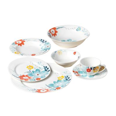 China New Style Contemporary Modern Flower Ceramic Soup Bowl Set Fine Round Reusable Dinnerware Set for sale