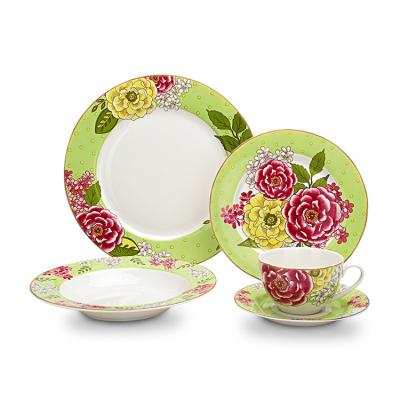 China Good Quality Full Decal Bone China Dishes Tableware Contemporary Luxury Elegant Home Flower Peony Flower Ceramic Dinnerware Sets for sale